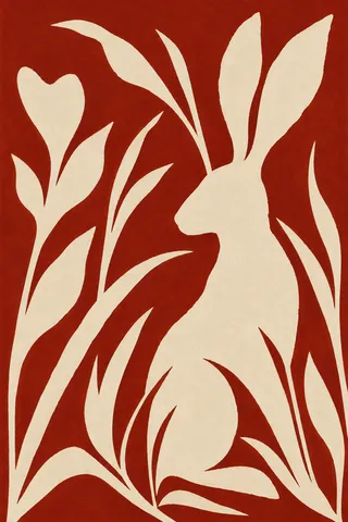 A hare sitting in tall grass in rust, cream, ochre, stone; portrait artwork.