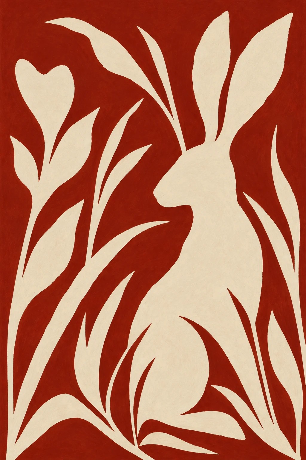 A hare sitting in tall grass in rust, cream, ochre, stone; portrait artwork.