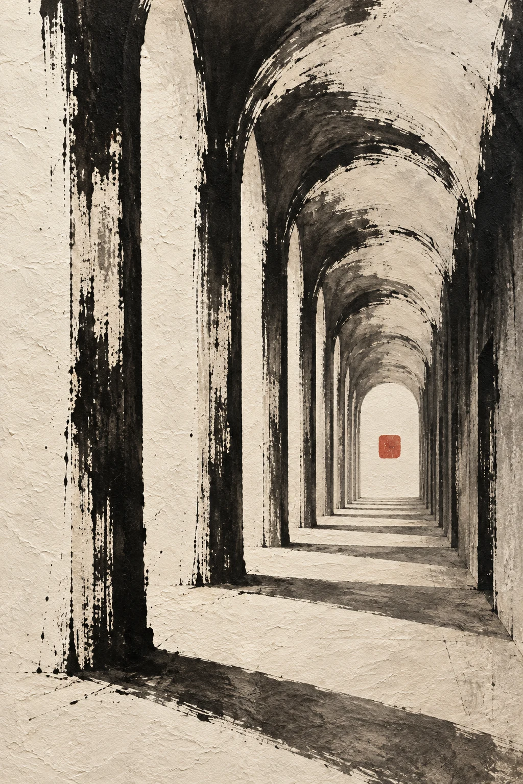 A colonnade in single-point perspective in cream, stone, black, olive; portrait artwork.