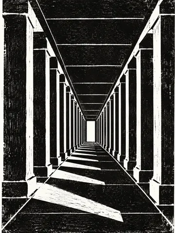 A colonnade in single-point perspective in black, charcoal, white, gray; portrait artwork.