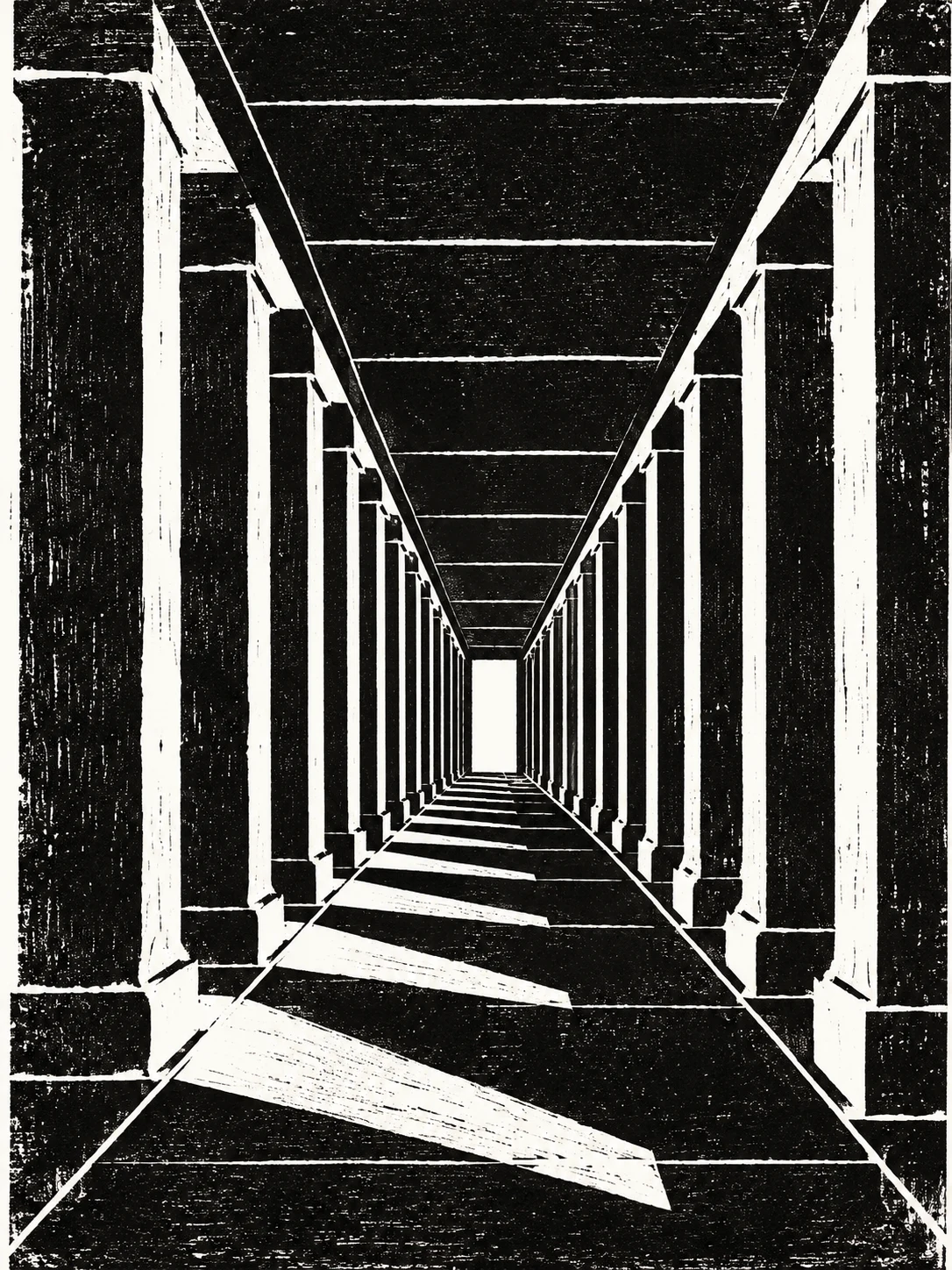 A colonnade in single-point perspective in black, charcoal, white, gray; portrait artwork.