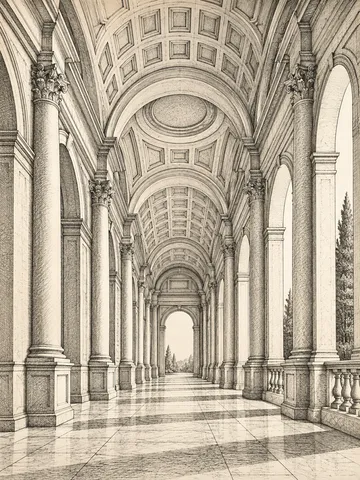 A colonnade in single-point perspective in cream, stone, sage, sand; portrait artwork.