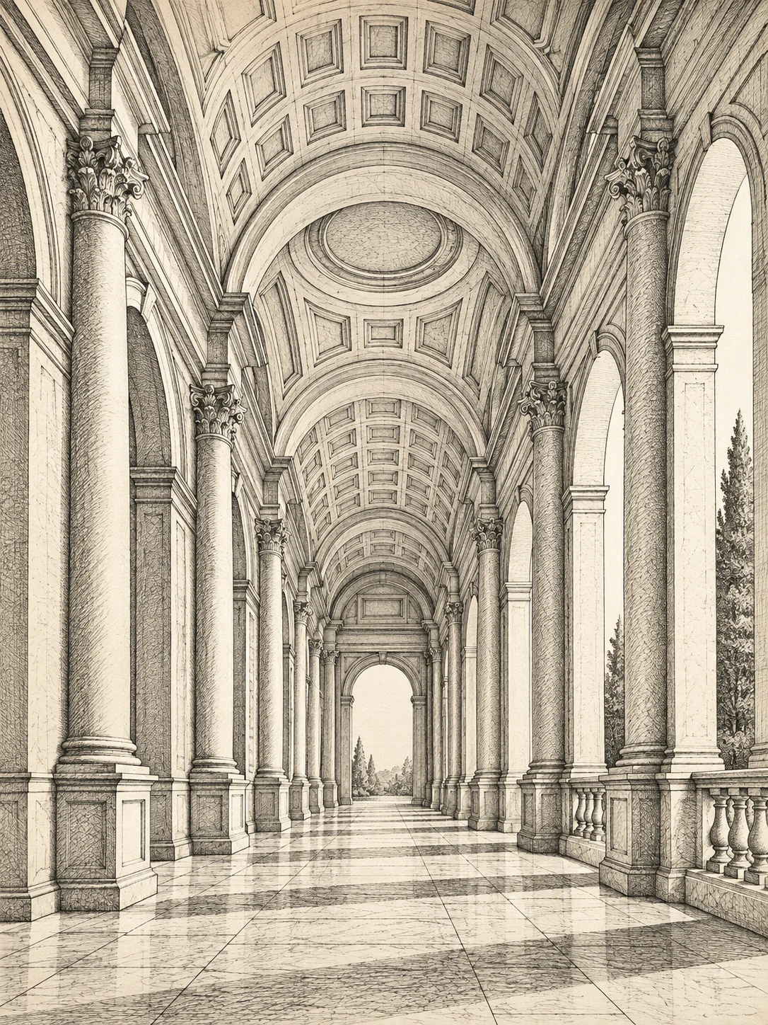 A colonnade in single-point perspective in cream, stone, sage, sand; portrait artwork.