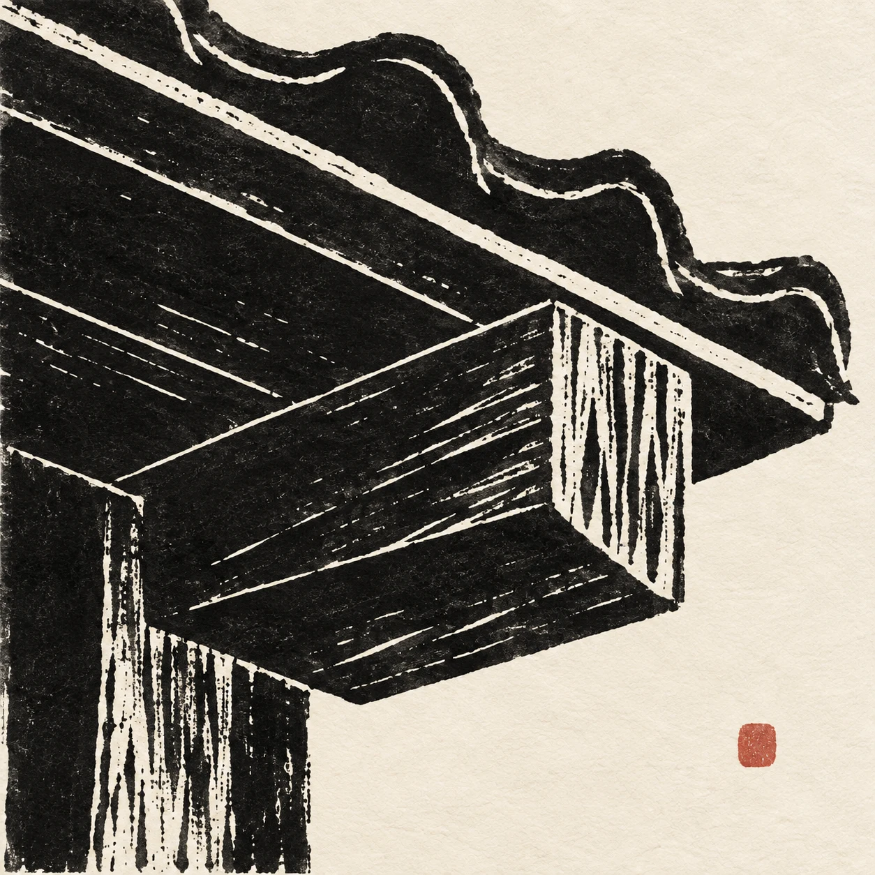An exposed rafter tail and eave in black, cream, white, charcoal; square artwork.