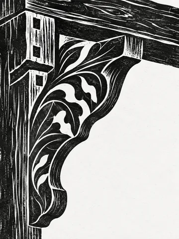 A carved timber bracket under a beam in white, charcoal, black, cream; portrait artwork.