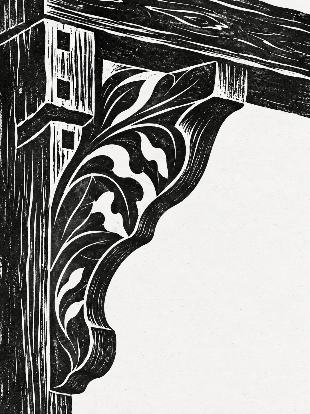 A carved timber bracket under a beam in white, charcoal, black, cream; portrait artwork.