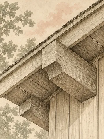 An exposed rafter tail and eave in cream, taupe, sand, stone; portrait artwork.