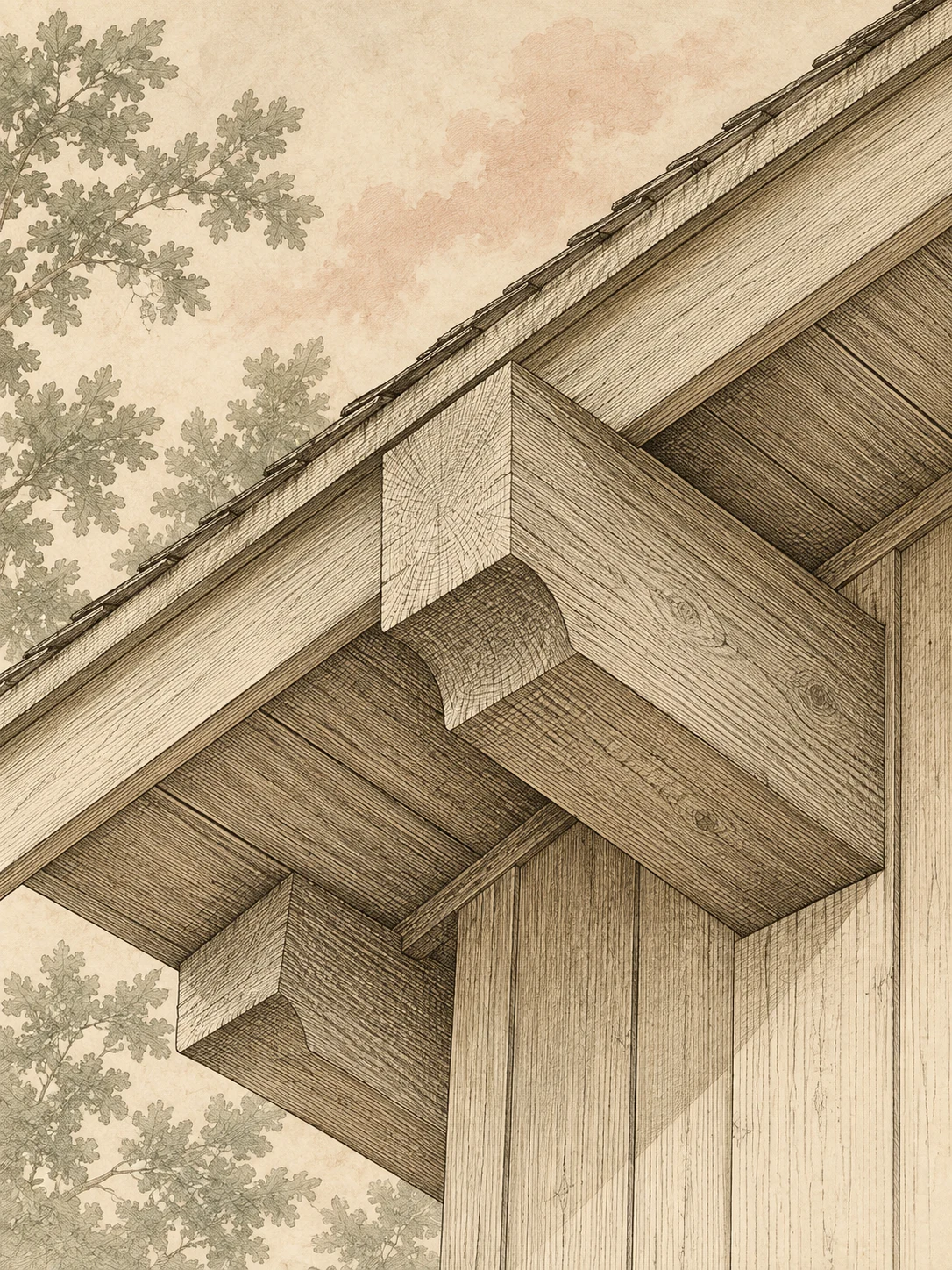 An exposed rafter tail and eave in cream, taupe, sand, stone; portrait artwork.