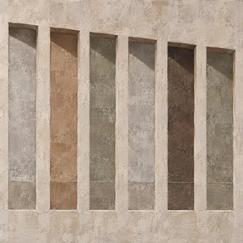 A facade rhythm of six tall windows in stone, taupe, sand, brown; square artwork.