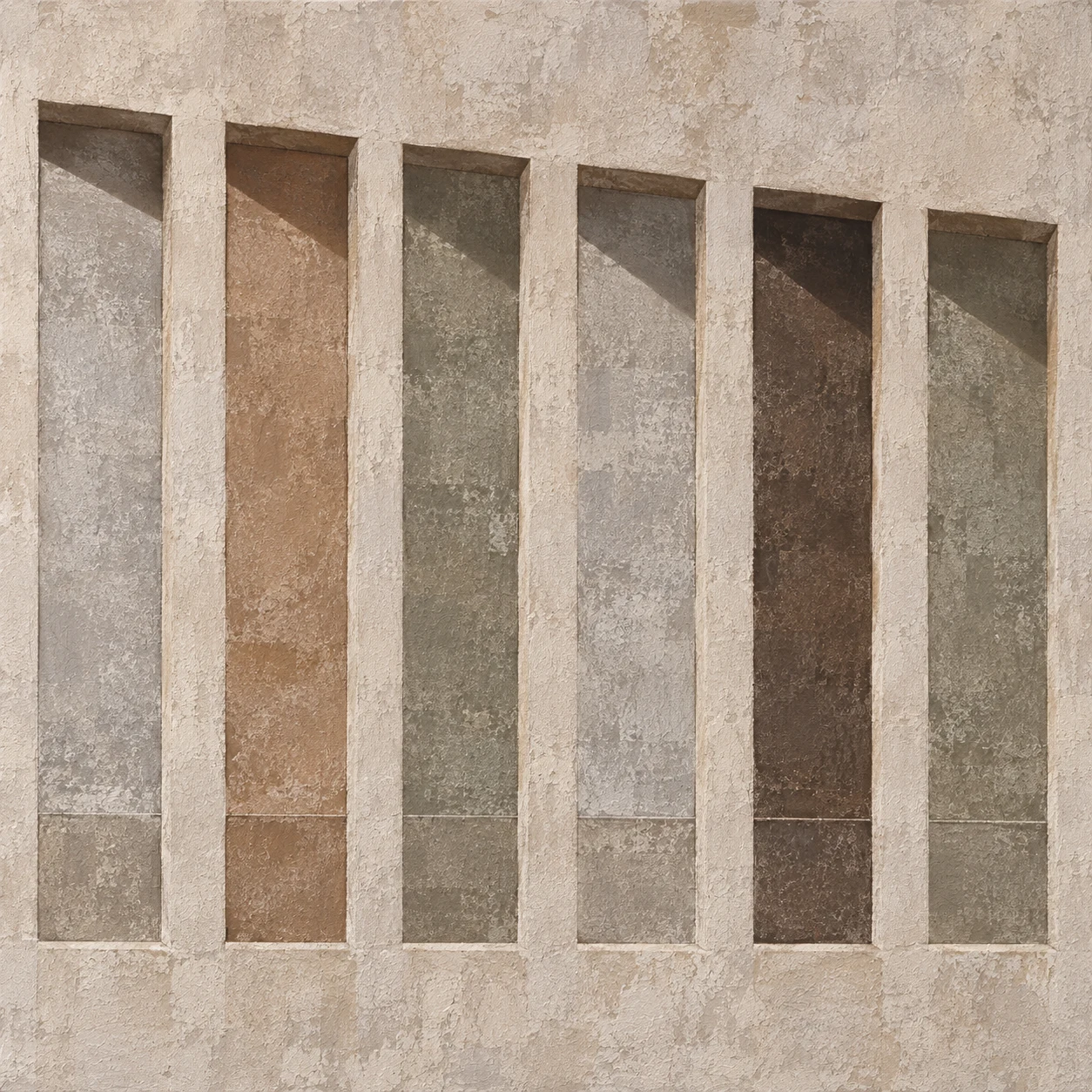 A facade rhythm of six tall windows in stone, taupe, sand, brown; square artwork.