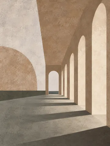 A colonnade in single-point perspective in taupe, stone, gray, cream; portrait artwork.