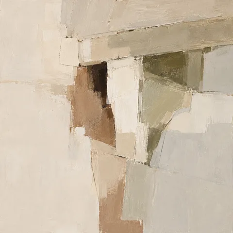 A carved timber bracket under a beam in cream, stone, sand, taupe; square artwork.
