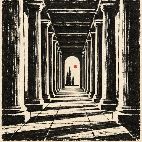 A colonnade in single-point perspective in black, cream, olive, charcoal; square artwork.