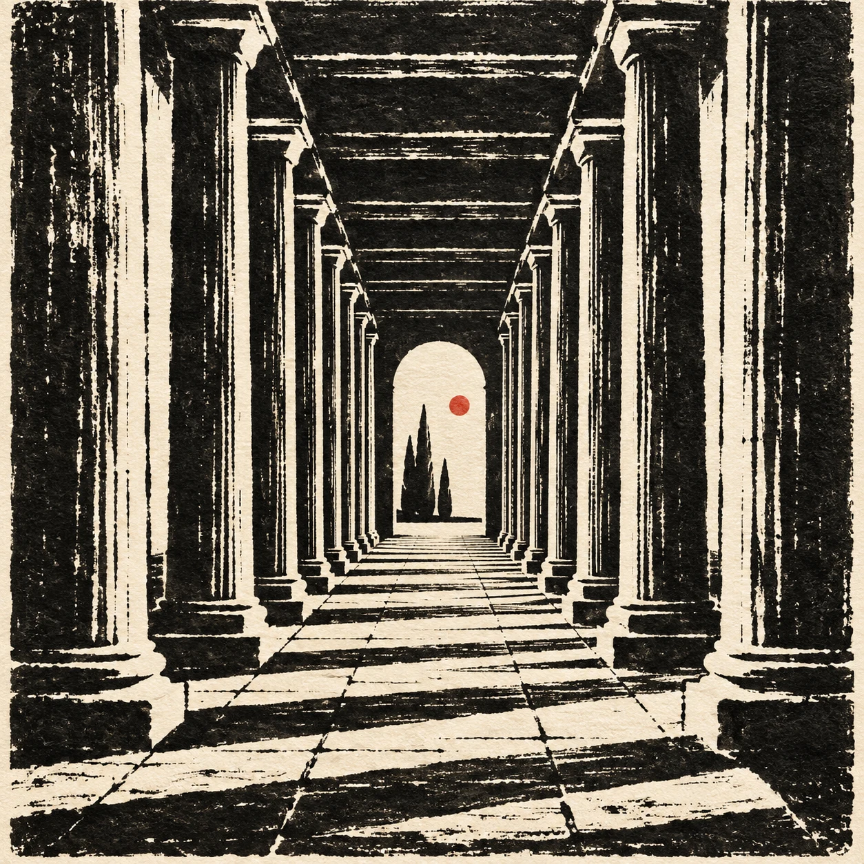 A colonnade in single-point perspective in black, cream, olive, charcoal; square artwork.