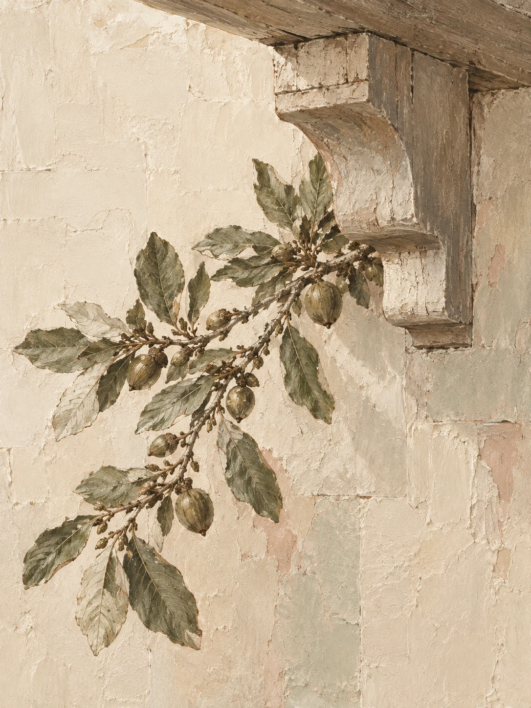 A carved timber bracket under a beam in cream, stone, taupe, olive; portrait artwork.