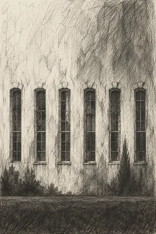 A facade rhythm of six tall windows in charcoal, cream, taupe, gray; portrait artwork.