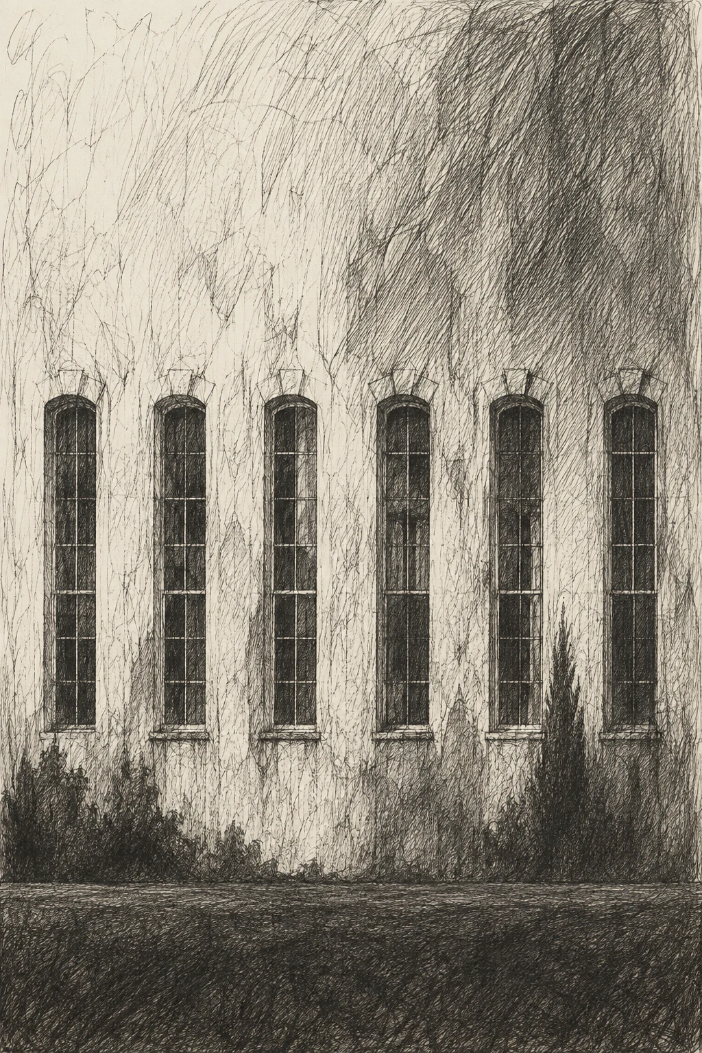 A facade rhythm of six tall windows in charcoal, cream, taupe, gray; portrait artwork.