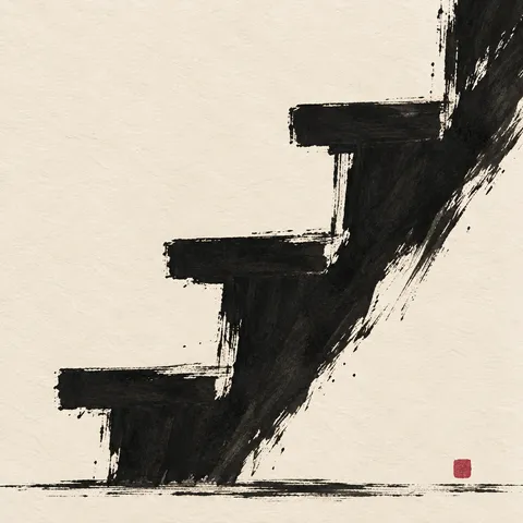 A timber stair stringer with three treads in cream, black, charcoal; square artwork.