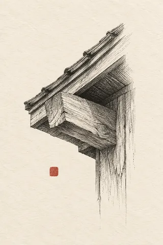 An exposed rafter tail and eave in cream, white, charcoal, sand; portrait artwork.