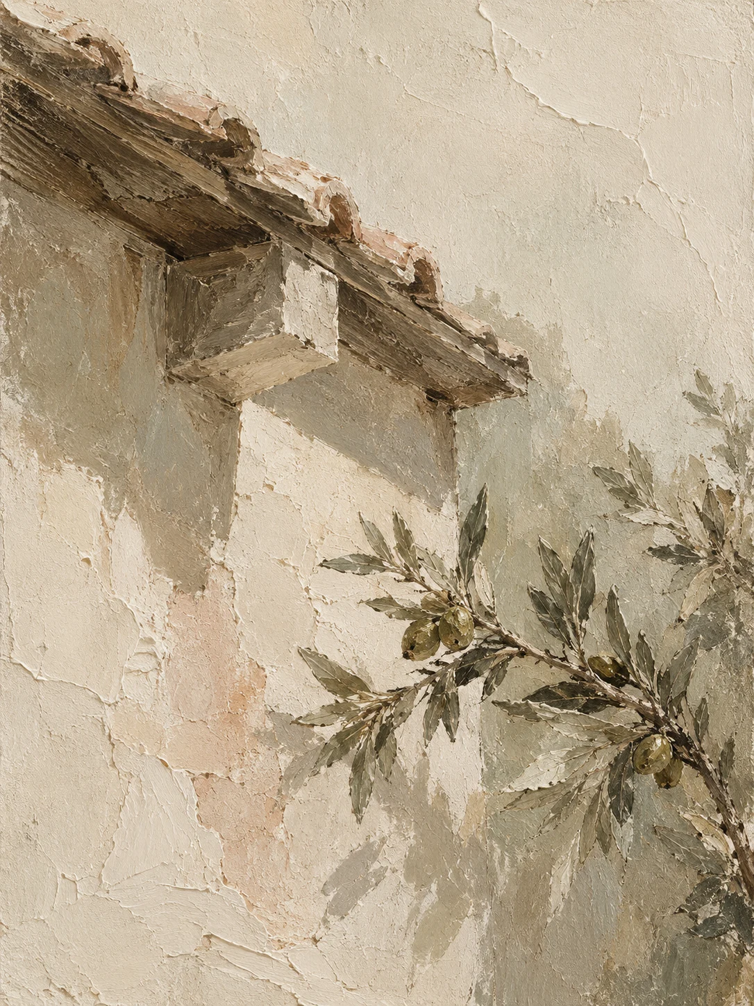 An exposed rafter tail and eave in cream, stone, sage, taupe; portrait artwork.