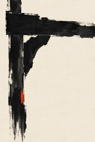 A carved timber bracket under a beam in cream, black, white, charcoal; portrait artwork.