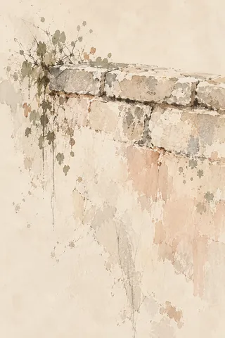 A stone wall coping with two courses in cream, stone, sand; portrait artwork.