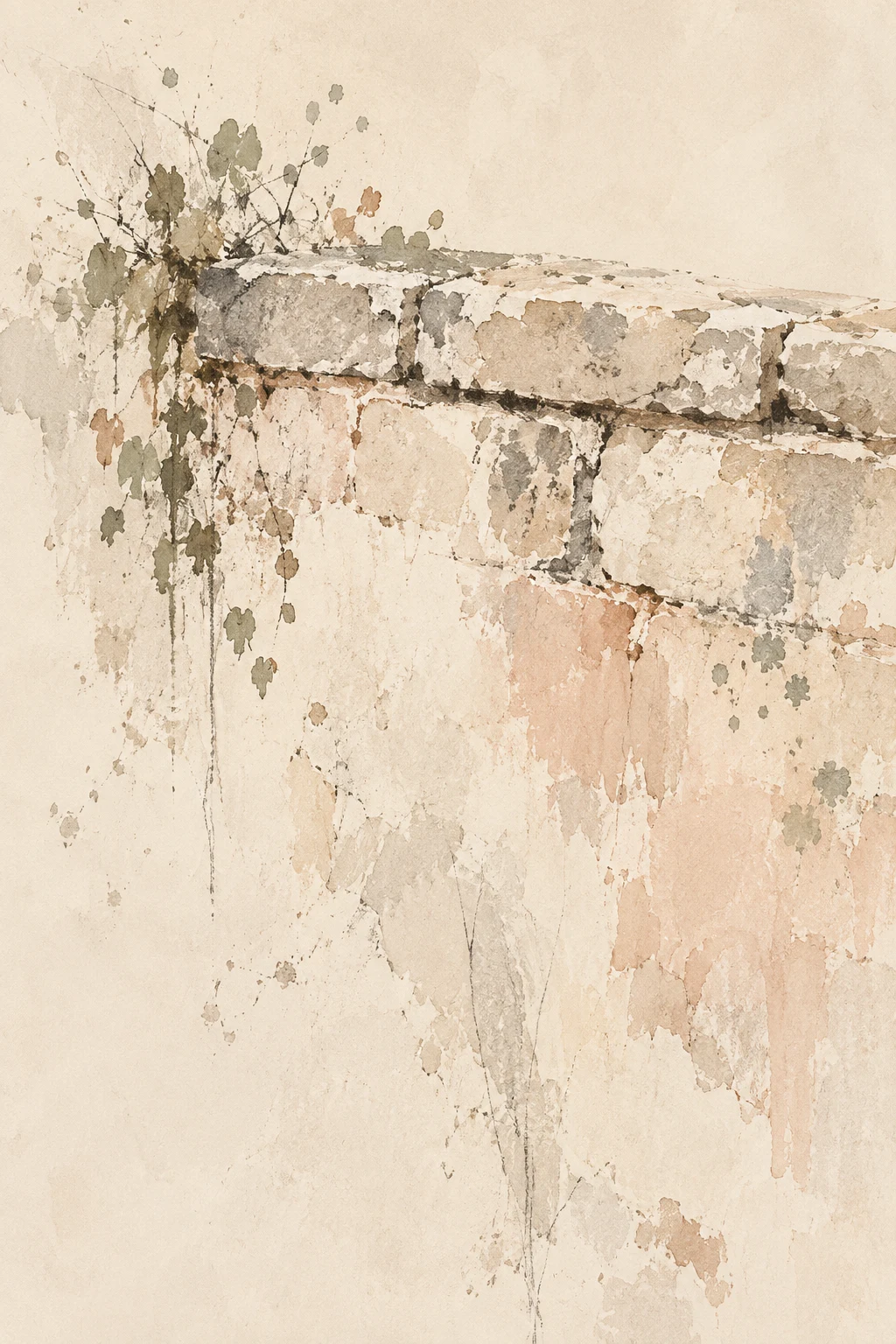 A stone wall coping with two courses in cream, stone, sand; portrait artwork.