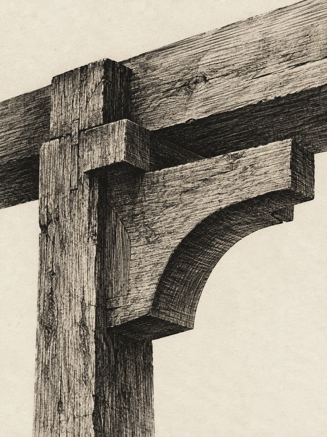 A carved timber bracket under a beam in cream, gray, black, sand; portrait artwork.