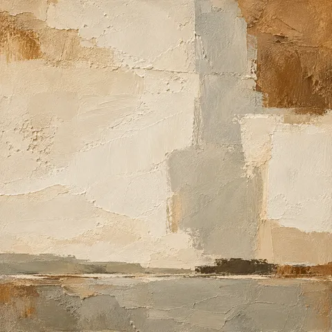 A divided-light window with muntins in cream, sand, sage, taupe; square artwork.