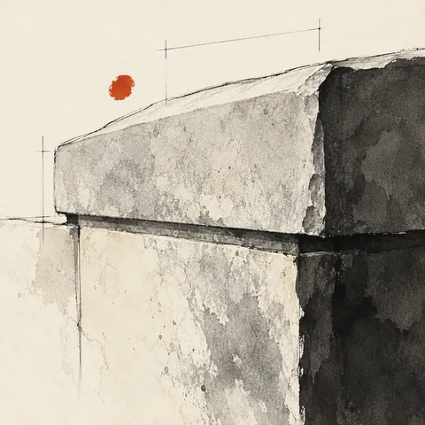 A stone wall coping with two courses in white, cream, stone, black; square artwork.