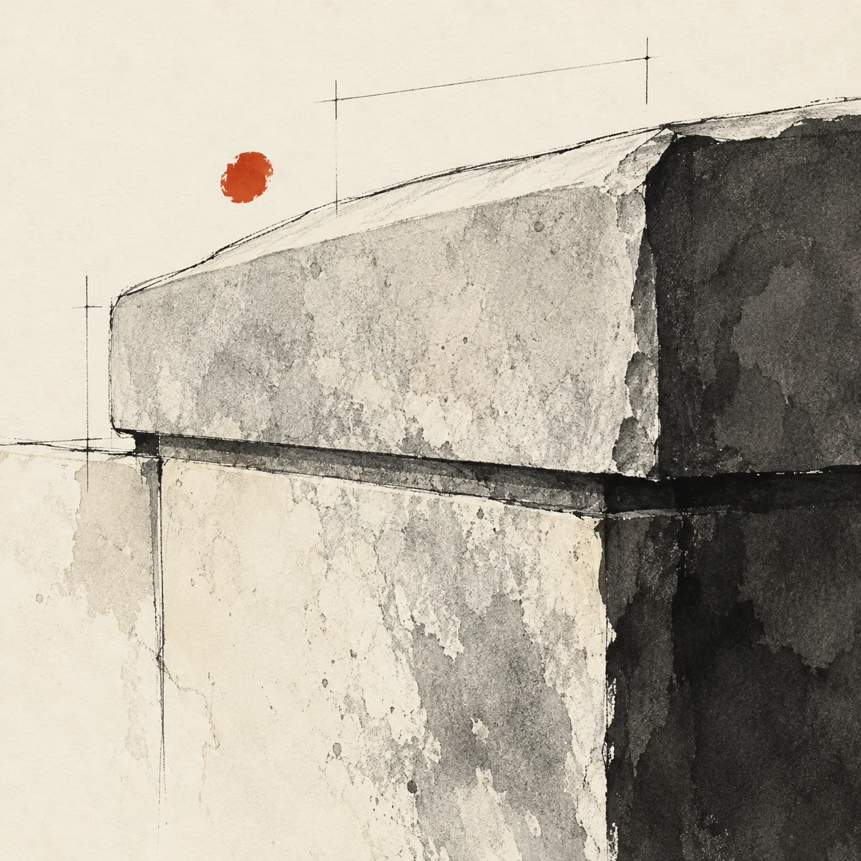 A stone wall coping with two courses in white, cream, stone, black; square artwork.