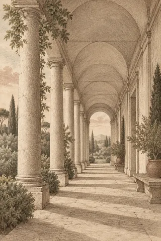 A colonnade in single-point perspective in taupe, sage, stone, cream; portrait artwork.
