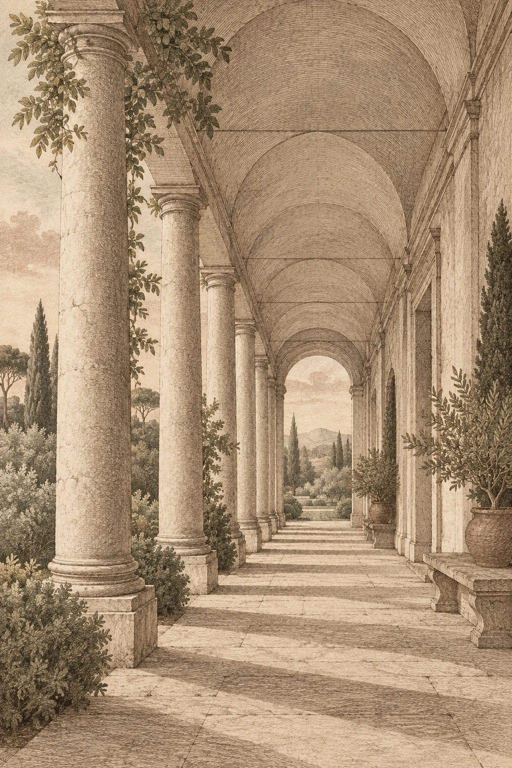 A colonnade in single-point perspective in taupe, sage, stone, cream; portrait artwork.