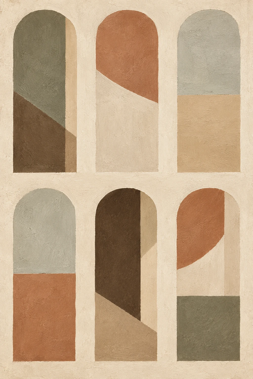A facade rhythm of six tall windows in cream, taupe, sand, brown; portrait artwork.