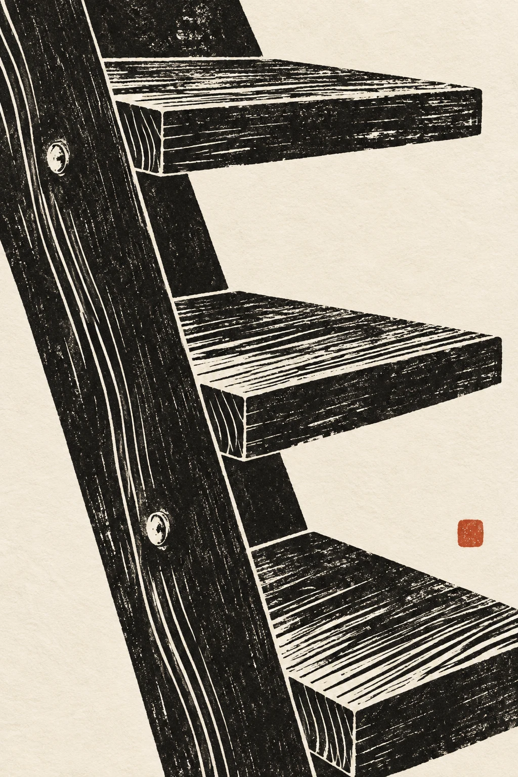 A timber stair stringer with three treads in black, charcoal, cream, white; portrait artwork.