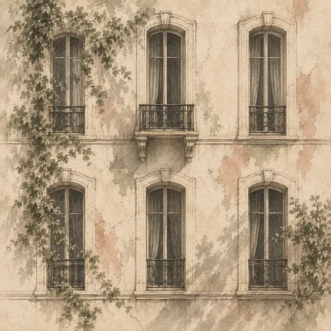 A facade rhythm of six tall windows in cream, sand, olive, taupe; square artwork.