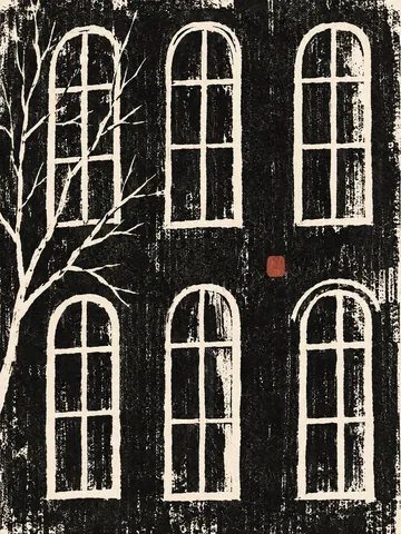 A facade rhythm of six tall windows in black, charcoal, cream, gray; portrait artwork.