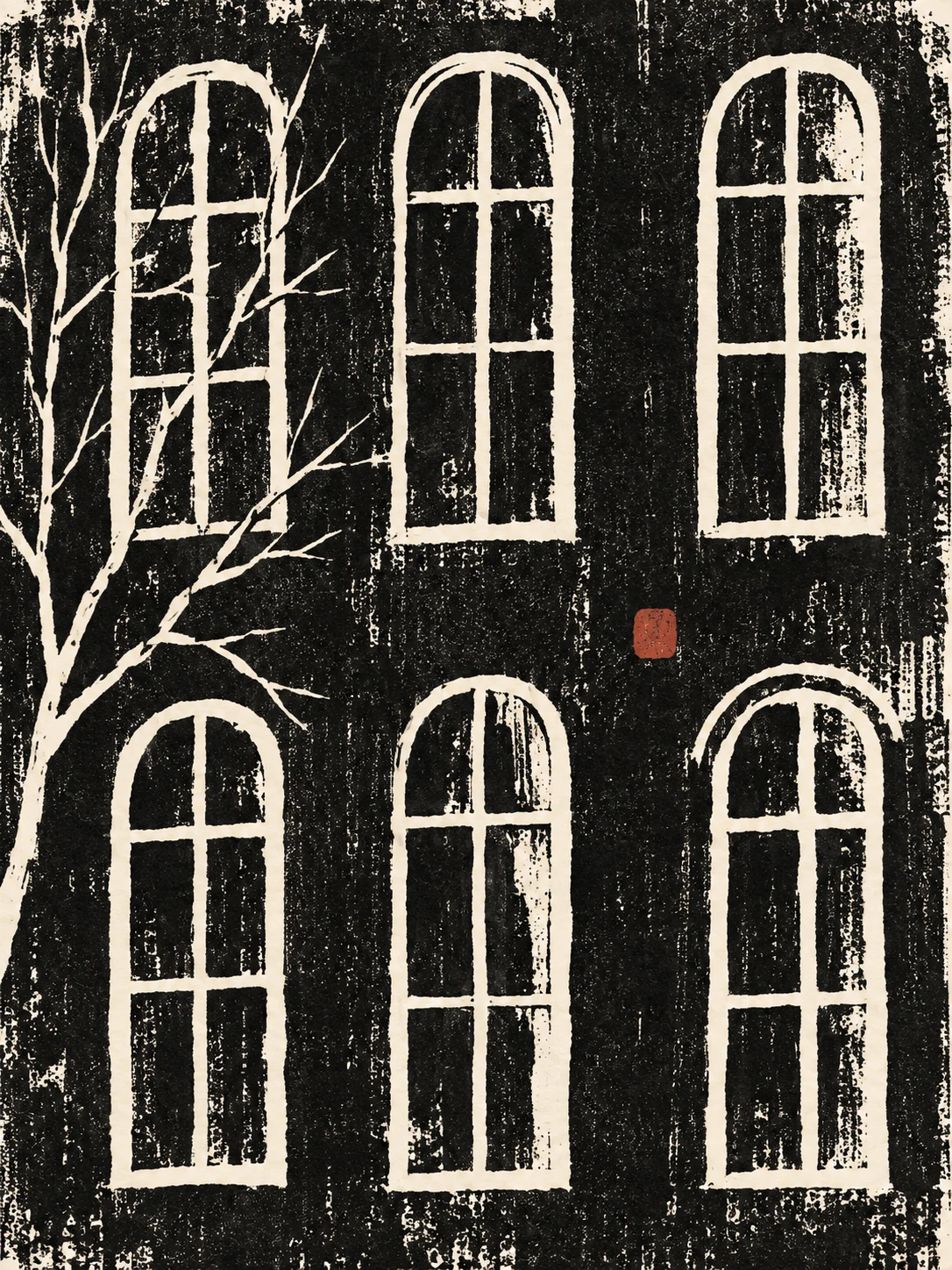 A facade rhythm of six tall windows in black, charcoal, cream, gray; portrait artwork.