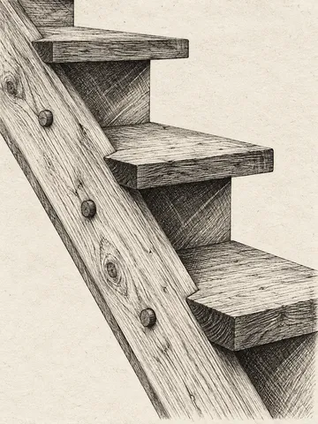 A timber stair stringer with three treads in cream, stone, taupe, sand; portrait artwork.