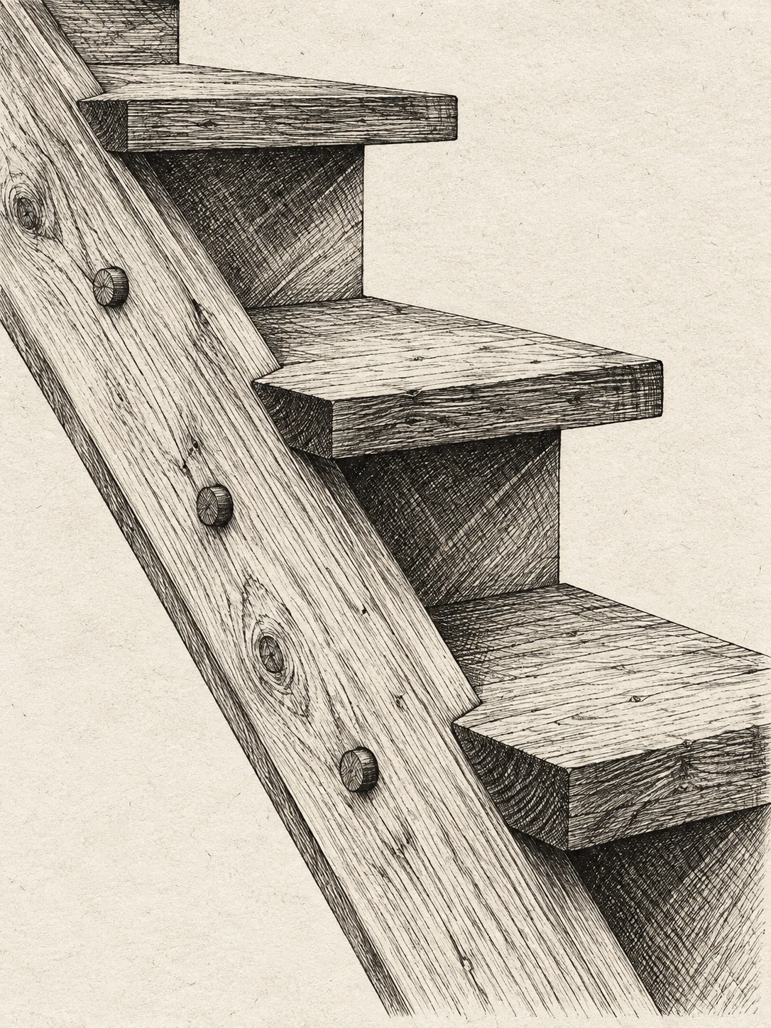 A timber stair stringer with three treads in cream, stone, taupe, sand; portrait artwork.