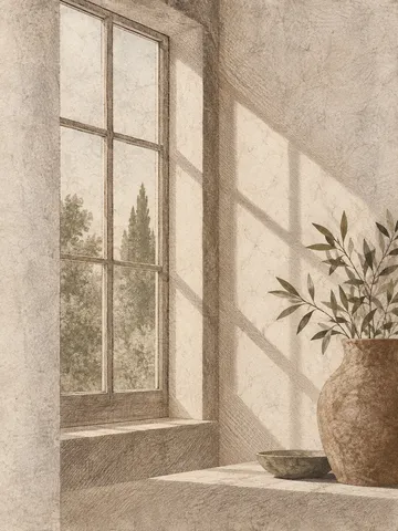 A divided-light window with muntins in stone, cream, sand, taupe; portrait artwork.