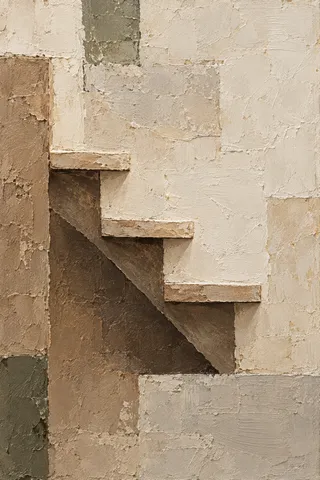 A timber stair stringer with three treads in stone, sand, taupe, cream; portrait artwork.