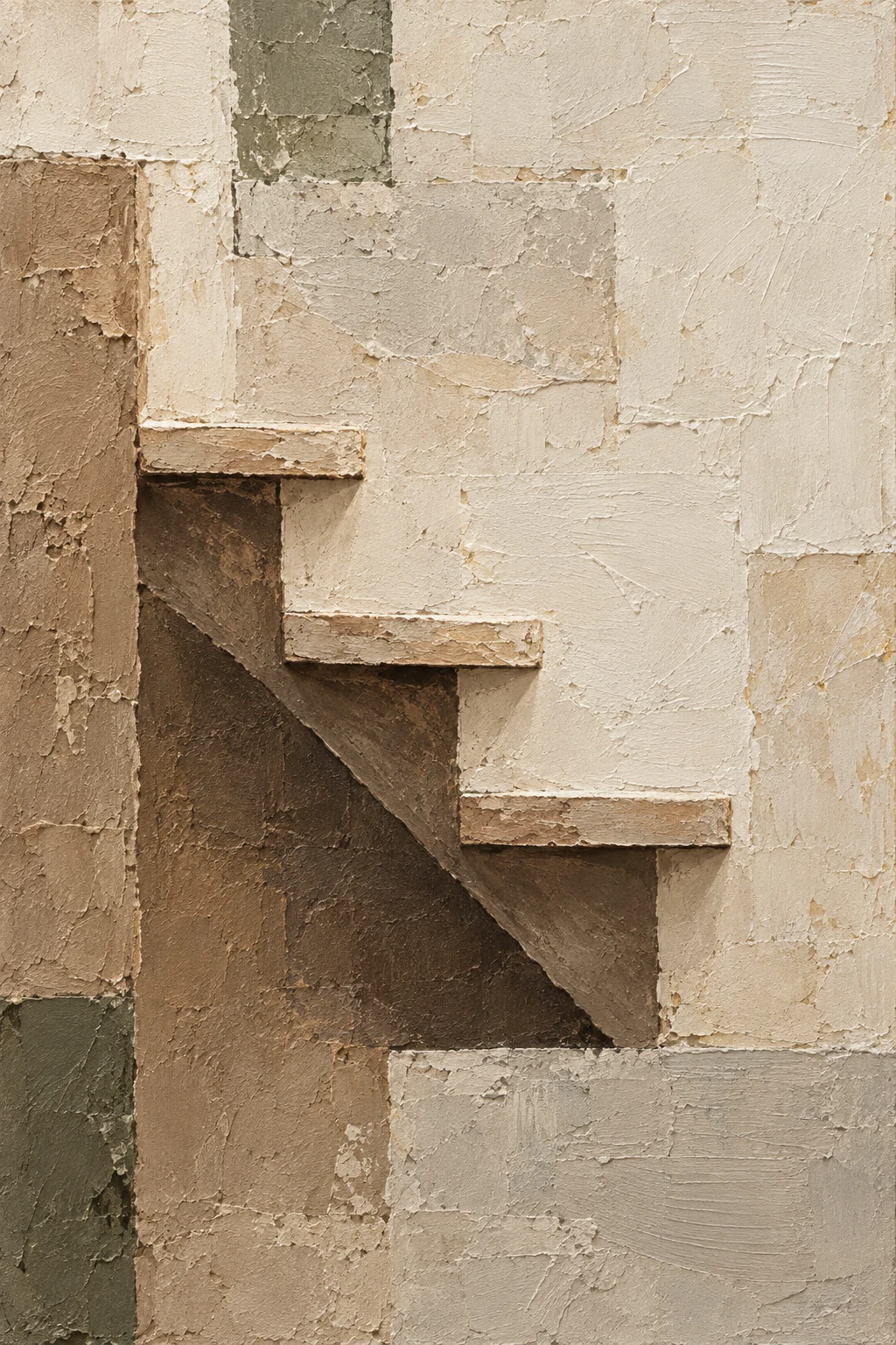 A timber stair stringer with three treads in stone, sand, taupe, cream; portrait artwork.