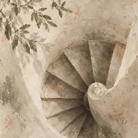 A spiral stair from above in stone, sand, taupe, cream; square artwork.
