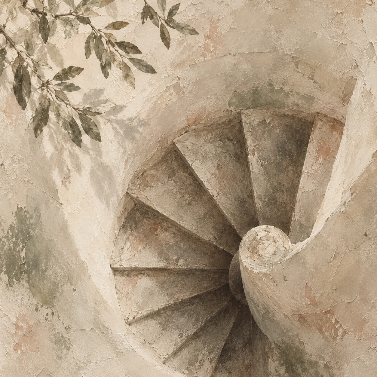 A spiral stair from above in stone, sand, taupe, cream; square artwork.
