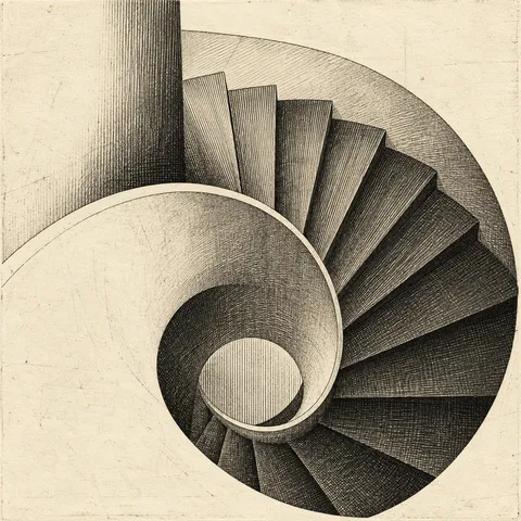 A spiral stair from above in cream, charcoal, olive, black; square artwork.