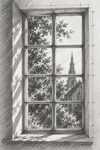 A divided-light window with muntins in gray, cream, charcoal, stone; portrait artwork.