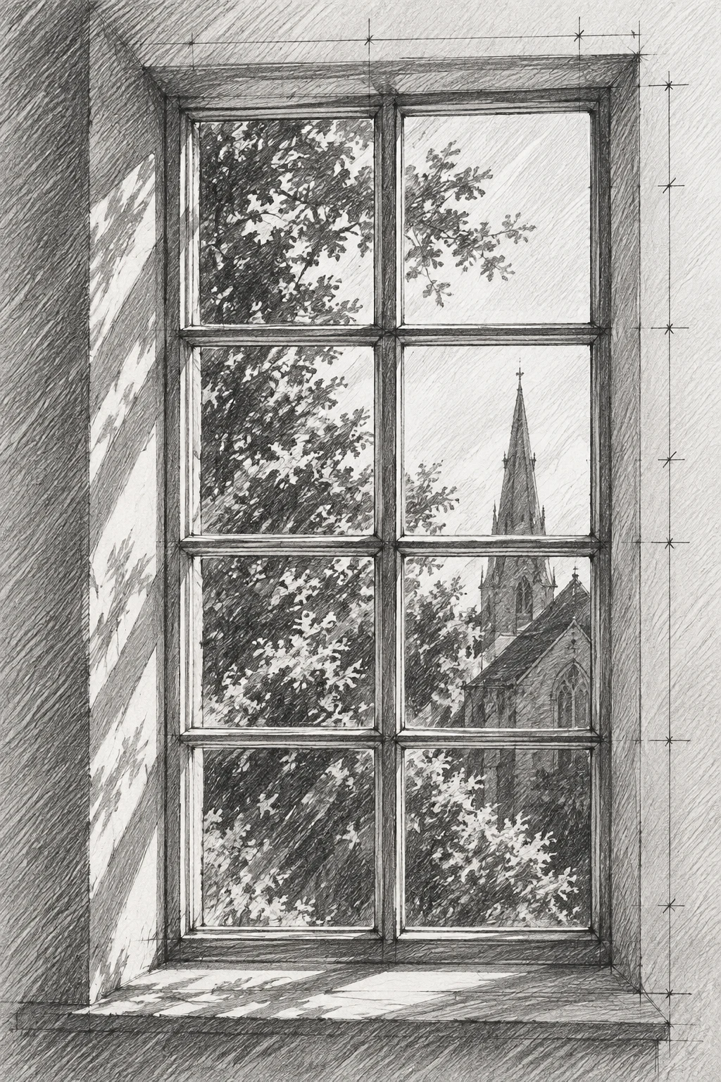 A divided-light window with muntins in gray, cream, charcoal, stone; portrait artwork.