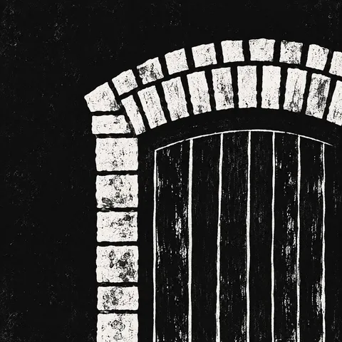 A segmental brick arch over a doorway in elevation in black, cream, charcoal; square artwork.