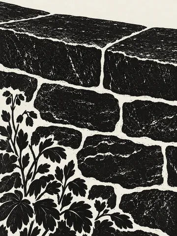 A stone wall coping with two courses in black, charcoal, white, stone; portrait artwork.